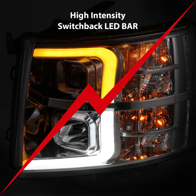 ANZO 07-13 Chevrolet Silverado 1500/2500/3500 projector headlights with plank design, showcasing modern styling and enhanced visibility.