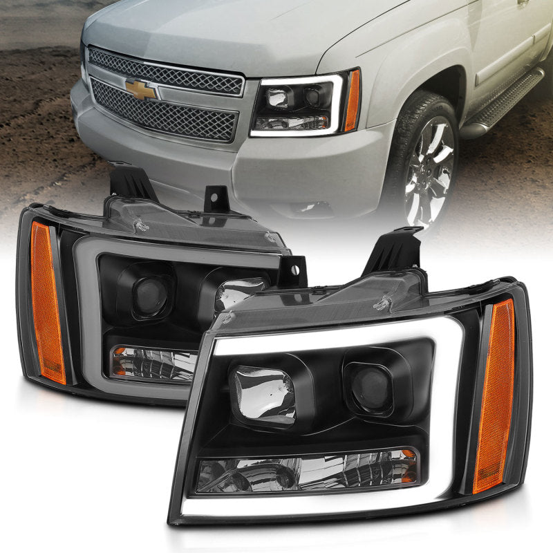 ANZO 07-14 Chevy Tahoe Projector Headlights with sleek plank style design, showcasing modern aesthetics and high-quality construction.