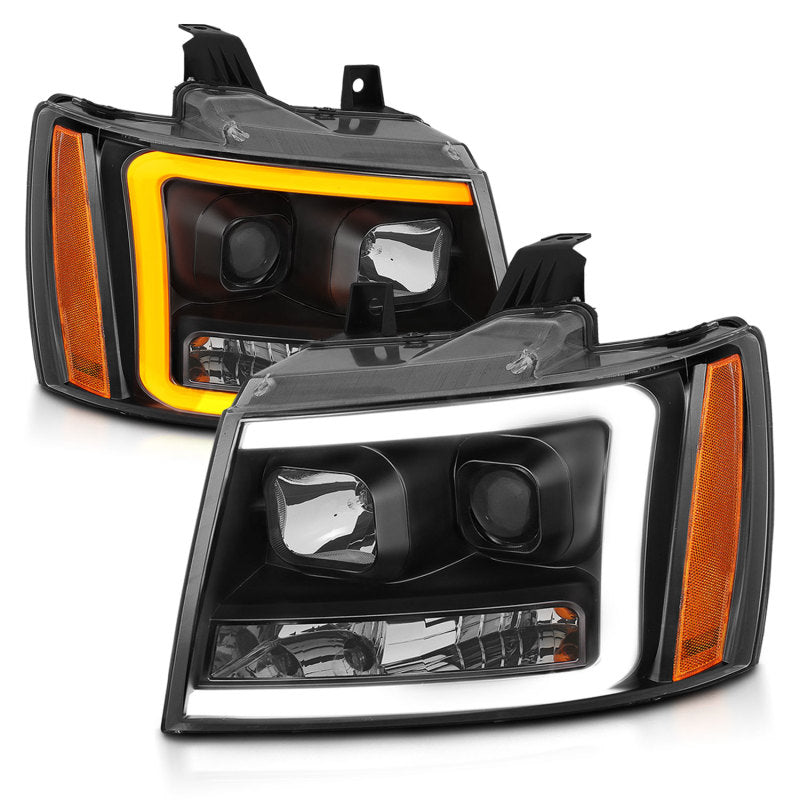 ANZO 07-14 Chevy Tahoe Projector Headlights with sleek plank style design, showcasing modern aesthetics and high-quality construction.