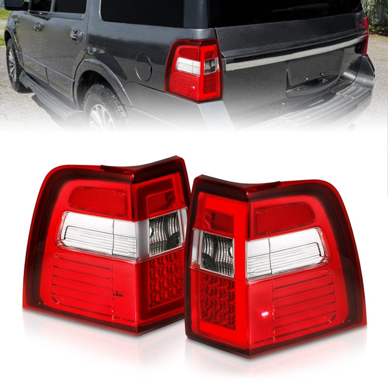 ANZO LED Taillights for Ford Expedition 2007-2017 with chrome housing and light bar, showcasing modern design and enhanced visibility.