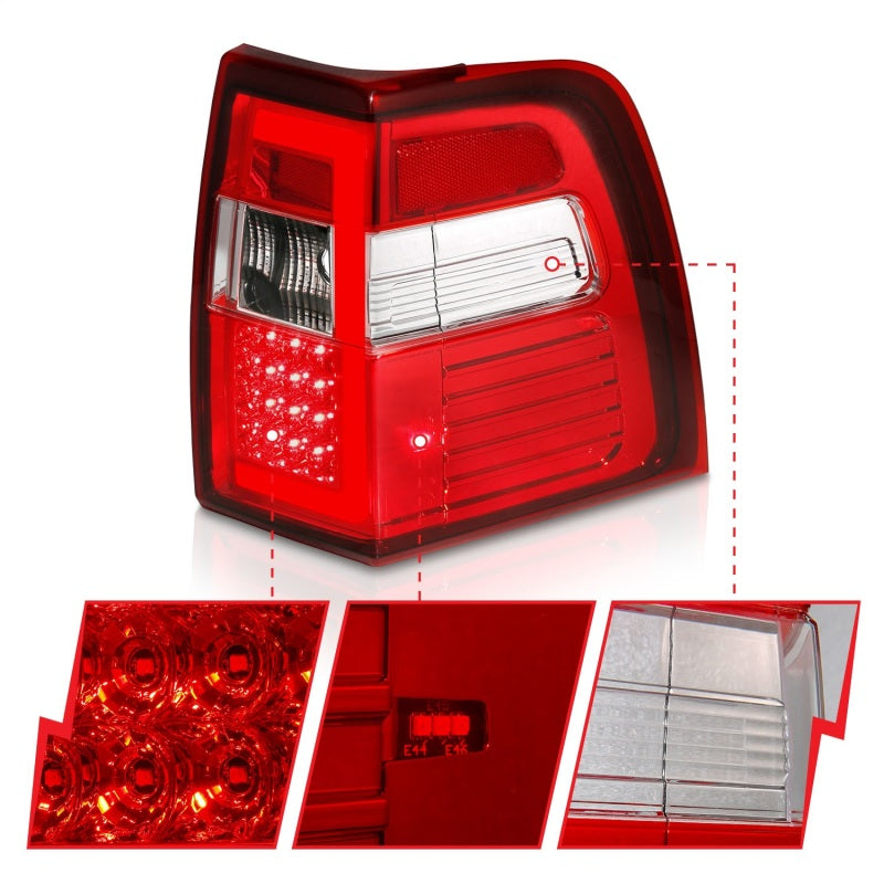 ANZO LED Taillights for Ford Expedition 2007-2017 with chrome housing and light bar, showcasing modern design and enhanced visibility.