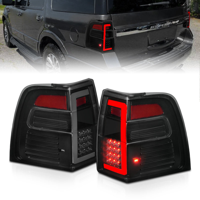 ANZO LED Taillights for 07-17 Ford Expedition with black housing and light bar design, showcasing modern styling and enhanced visibility.