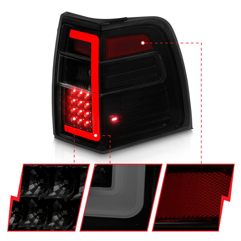 ANZO LED Taillights for 07-17 Ford Expedition with black housing and light bar design, showcasing modern styling and enhanced visibility.