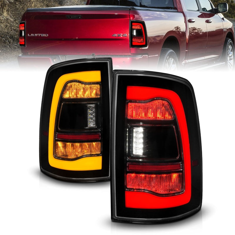 ANZO 09-18 Dodge Ram 1500 Sequential LED Taillights in smoke black finish, showcasing modern design and enhanced visibility.