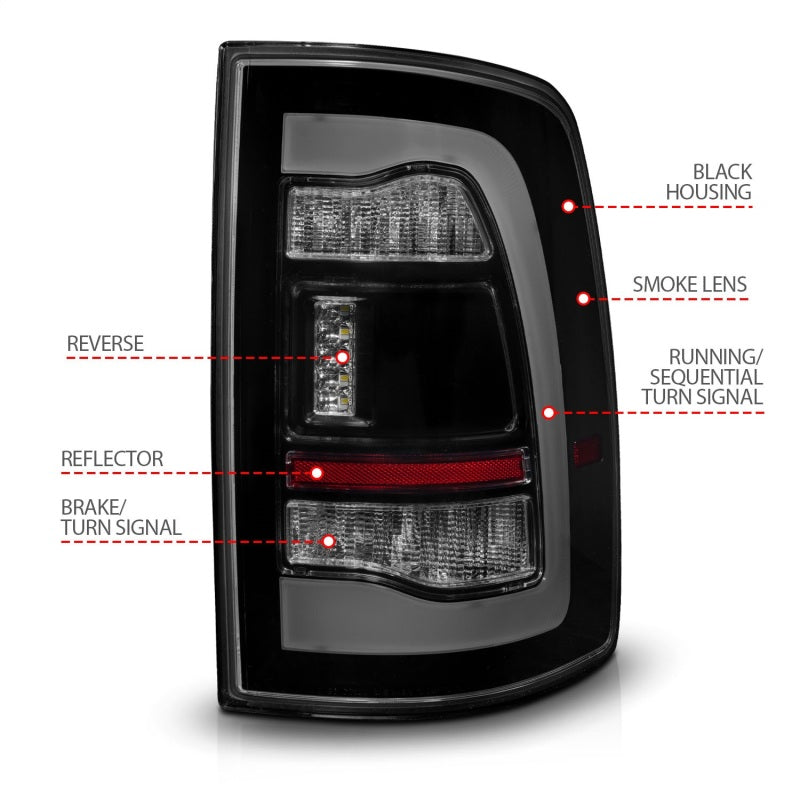 ANZO 09-18 Dodge Ram 1500 Sequential LED Taillights in smoke black finish, showcasing modern design and enhanced visibility.