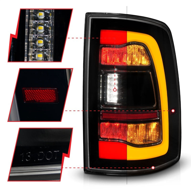 ANZO 09-18 Dodge Ram 1500 Sequential LED Taillights in smoke black finish, showcasing modern design and enhanced visibility.