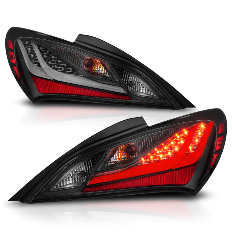 ANZO 10-13 Hyundai Genesis 2DR LED Taillights in Smoke, showcasing sleek design and bright LED lights.