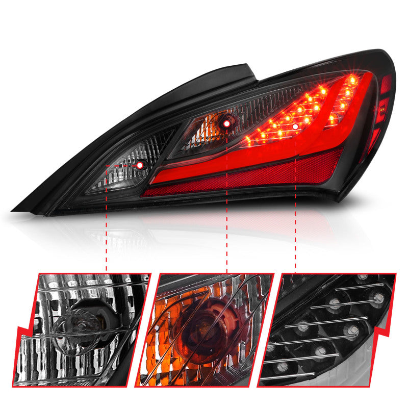 ANZO 10-13 Hyundai Genesis 2DR LED Taillights in Smoke, showcasing sleek design and bright LED lights.