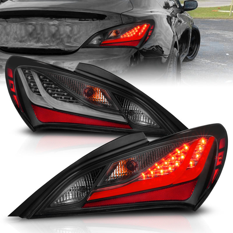 ANZO 10-13 Hyundai Genesis 2DR LED Taillights in Smoke, showcasing sleek design and bright LED lights.