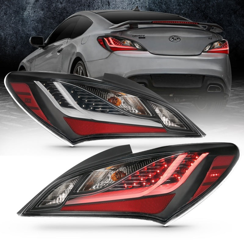 ANZO 10-13 Hyundai Genesis 2DR LED Taillights in Smoke, showcasing sleek design and bright LED lights.