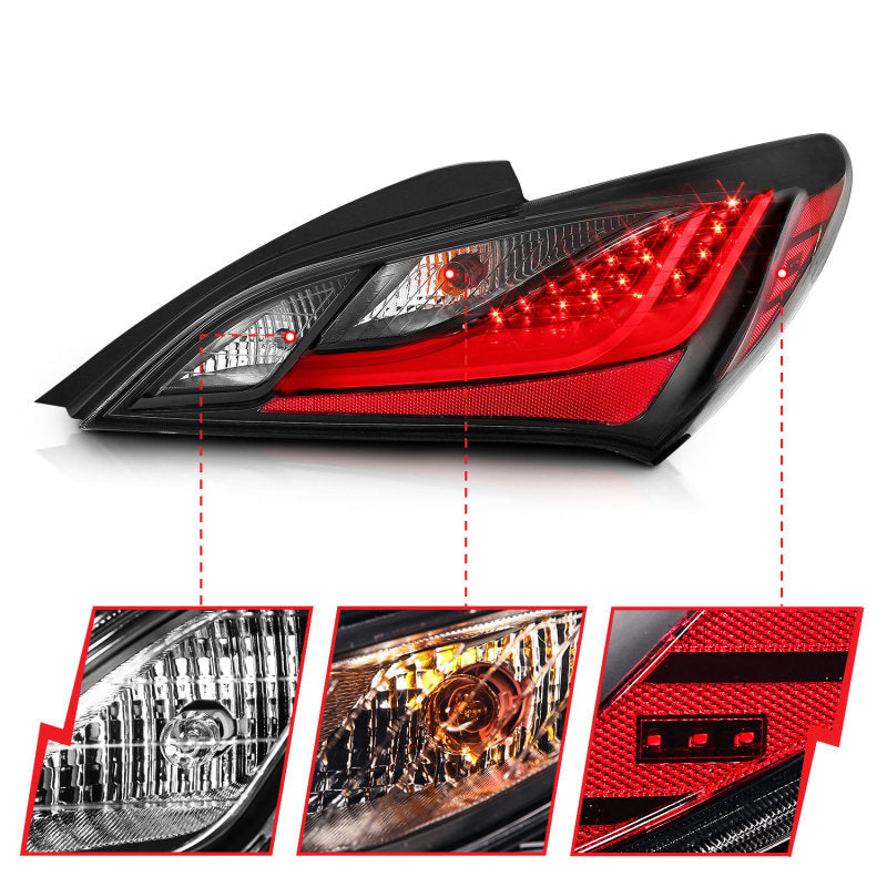 ANZO 10-13 Hyundai Genesis 2DR LED Taillights in Smoke, showcasing sleek design and bright LED lights.