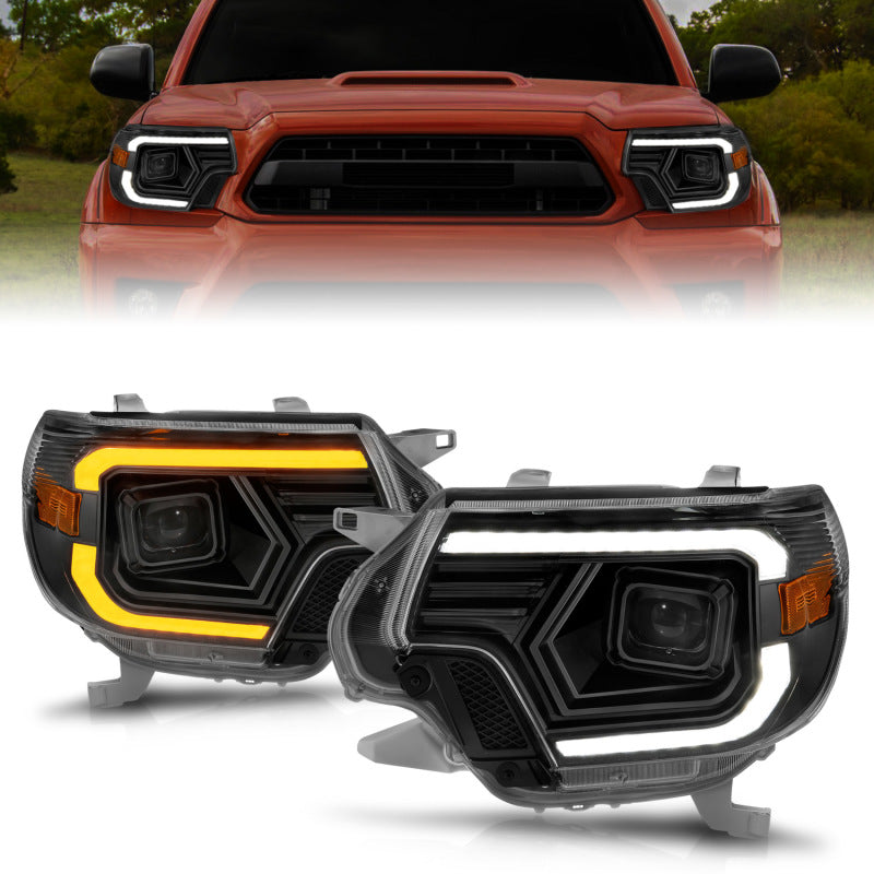 ANZO 12-15 Toyota Tacoma Projector Headlights with light bar feature, showcasing modern design and enhanced visibility.