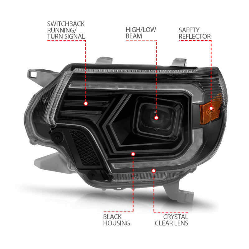 ANZO 12-15 Toyota Tacoma Projector Headlights with light bar feature, showcasing modern design and enhanced visibility.