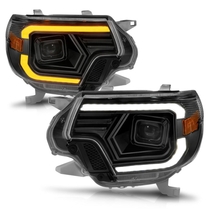 ANZO 12-15 Toyota Tacoma Projector Headlights with light bar feature, showcasing modern design and enhanced visibility.