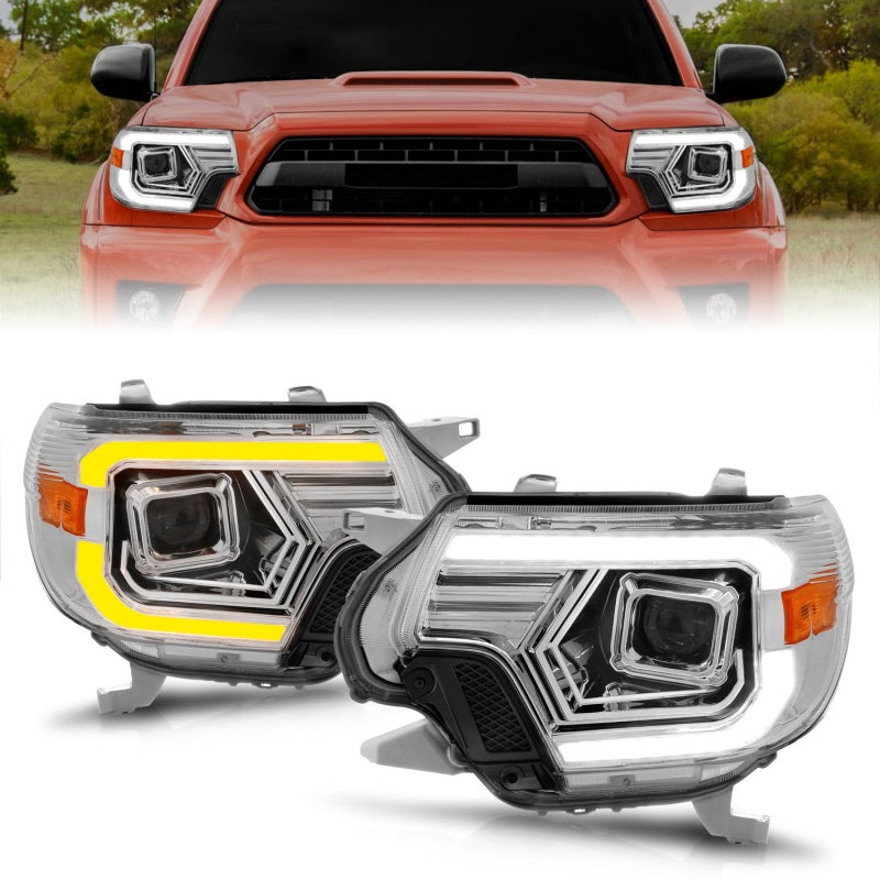 ANZO 12-15 Toyota Tacoma Projector Headlights with light bar switchback feature, showcasing modern design and enhanced visibility.