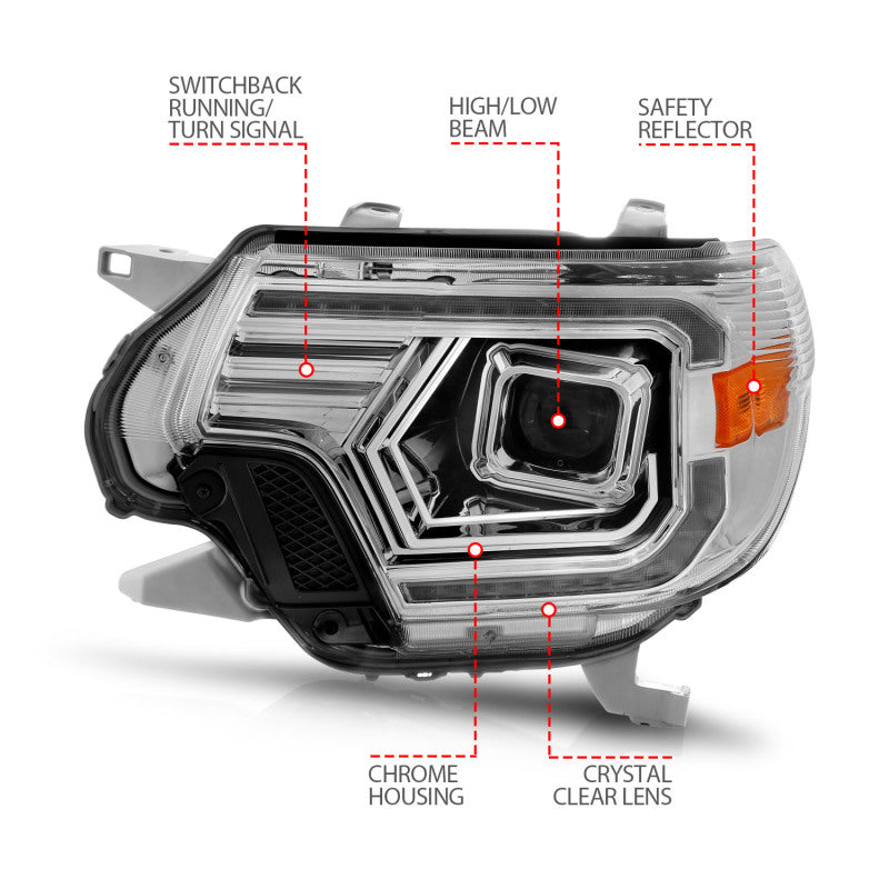 ANZO 12-15 Toyota Tacoma Projector Headlights with light bar switchback feature, showcasing modern design and enhanced visibility.