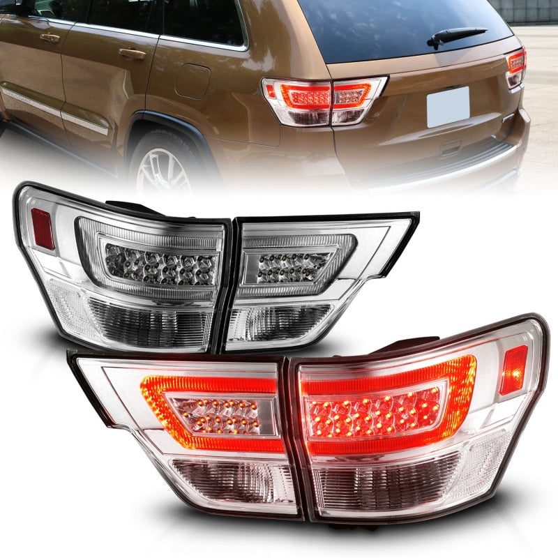 ANZO LED taillights for 2011-2013 Jeep Grand Cherokee with clear lens and black housing, featuring a lightbar design.