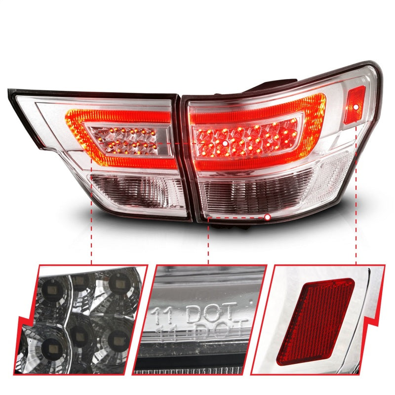 ANZO LED taillights for 2011-2013 Jeep Grand Cherokee with clear lens and black housing, featuring a lightbar design.