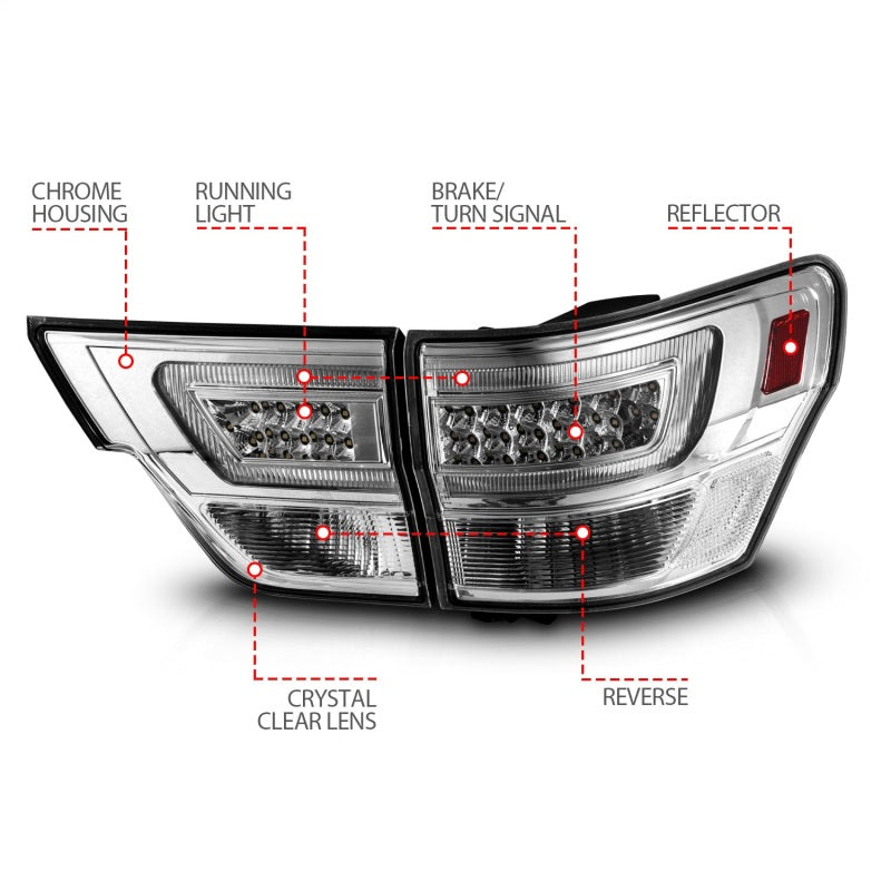 ANZO LED taillights for 2011-2013 Jeep Grand Cherokee with clear lens and black housing, featuring a lightbar design.