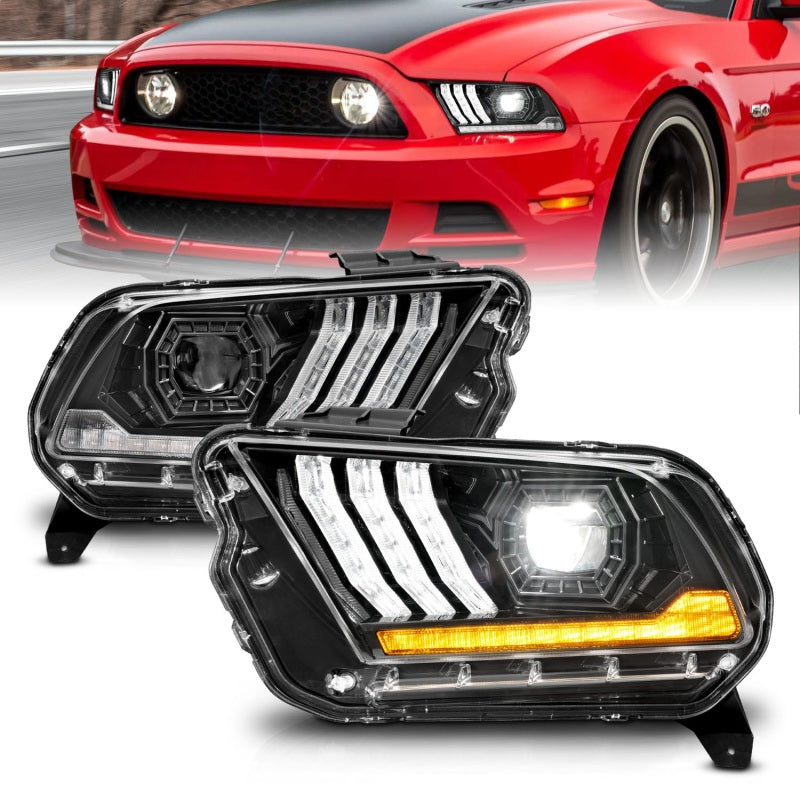 ANZO 13-14 Ford Mustang projector headlights with clear lens and black housing, designed for factory HID/Xenon models.