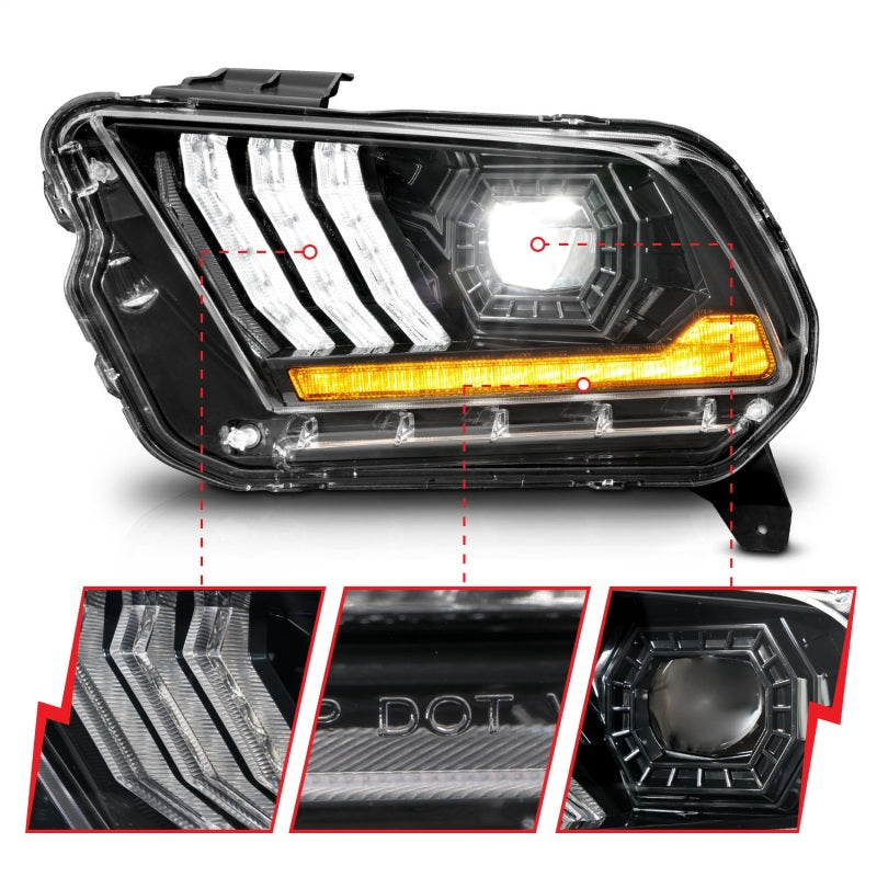 ANZO 13-14 Ford Mustang projector headlights with clear lens and black housing, designed for factory HID/Xenon models.