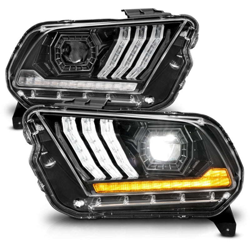 ANZO 13-14 Ford Mustang projector headlights with clear lens and black housing, designed for factory HID/Xenon models.