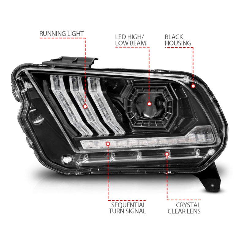 ANZO 13-14 Ford Mustang projector headlights with clear lens and black housing, designed for factory HID/Xenon models.