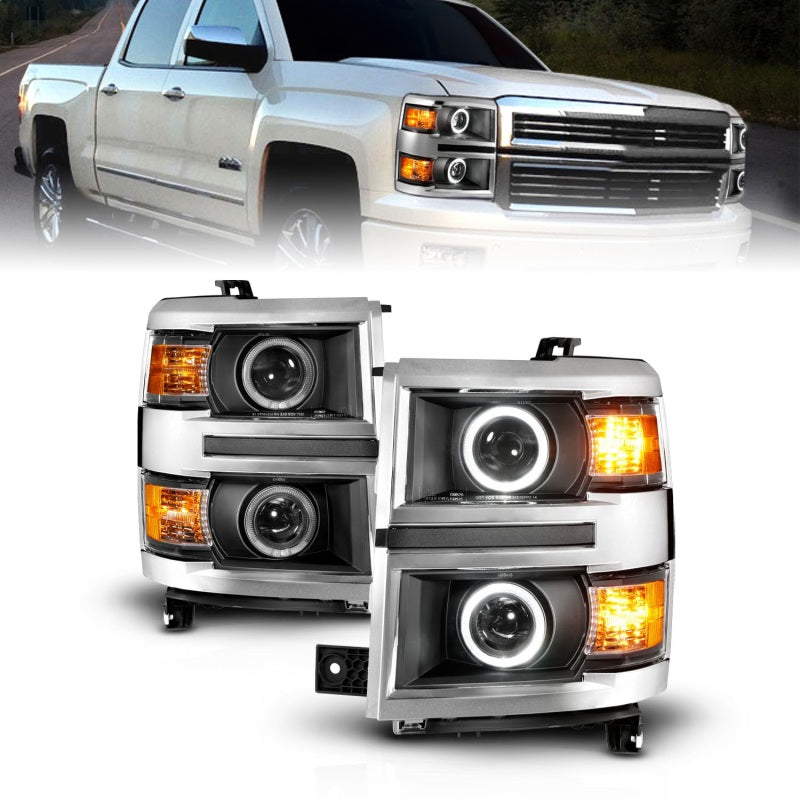 ANZO 14-15 Chevrolet Silverado 1500 Projector Headlights with Halo Black, showcasing sleek design and enhanced visibility.