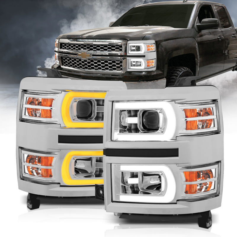 ANZO projector headlights for 2014-2015 Chevrolet Silverado 1500 featuring a sleek plank style design.