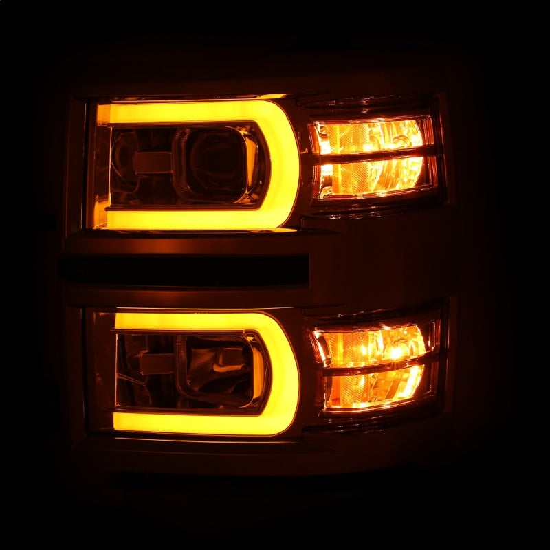 ANZO projector headlights for 2014-2015 Chevrolet Silverado 1500 featuring a sleek plank style design.