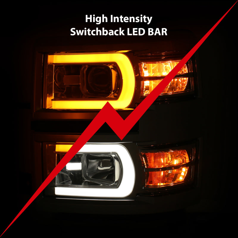 ANZO projector headlights for 2014-2015 Chevrolet Silverado 1500 featuring a sleek plank style design.