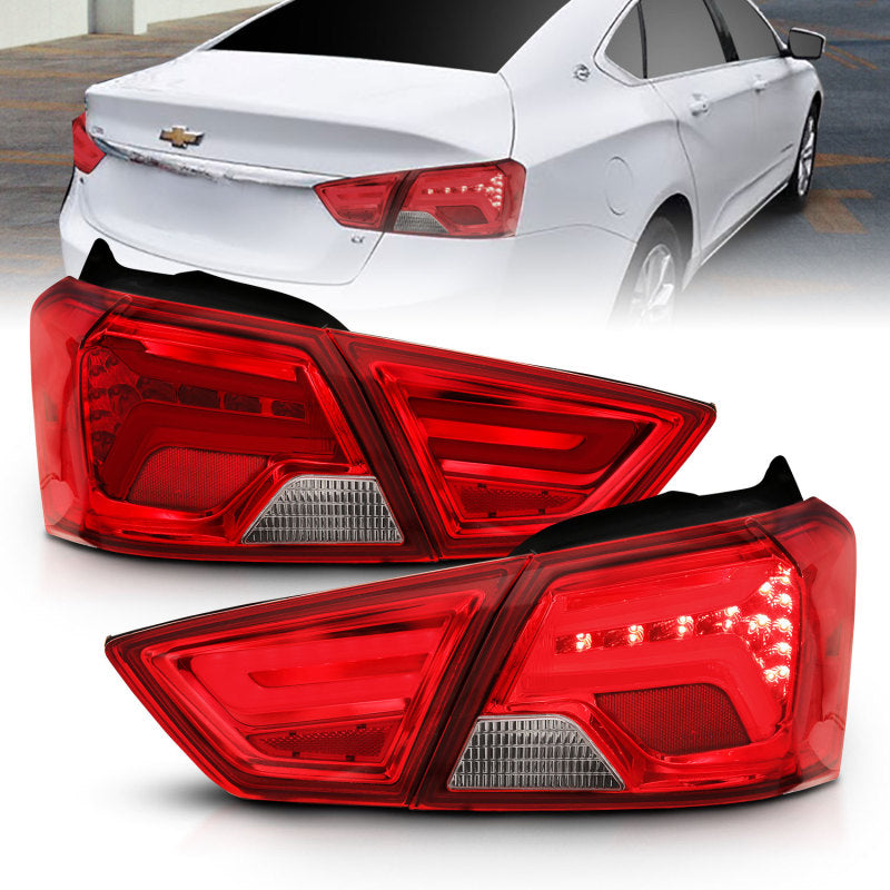 ANZO 14-18 Chevrolet Impala LED Taillights in Red/Clear, showcasing modern design and bright illumination.