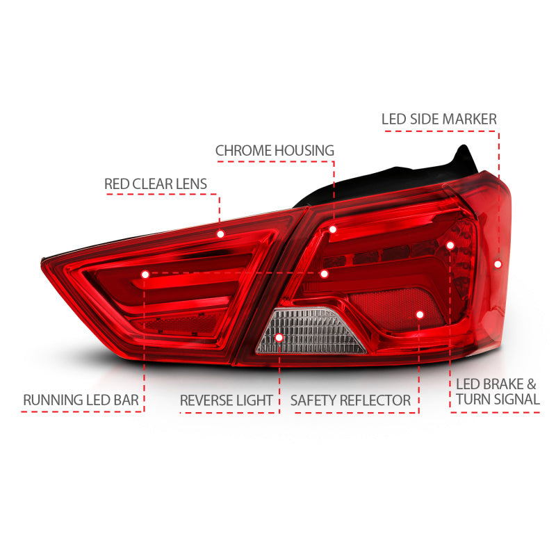 ANZO 14-18 Chevrolet Impala LED Taillights in Red/Clear, showcasing modern design and bright illumination.