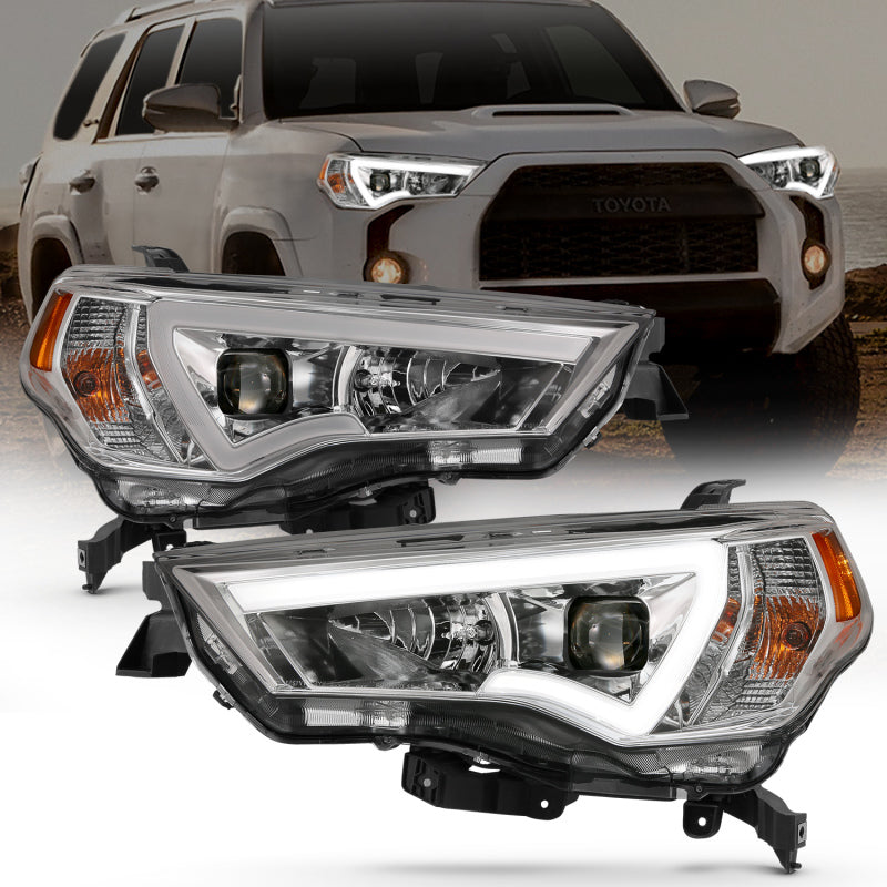 ANZO 14-18 Toyota 4Runner Plank Style Projector Headlights in Chrome, showcasing modern design and superior illumination.