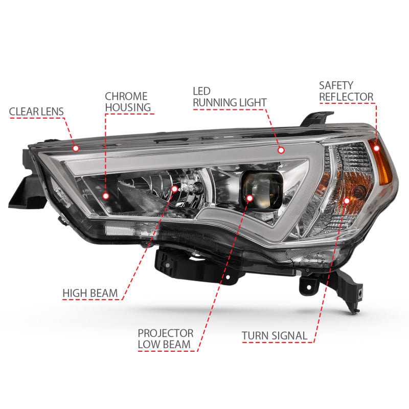 ANZO 14-18 Toyota 4Runner Plank Style Projector Headlights in Chrome, showcasing modern design and superior illumination.