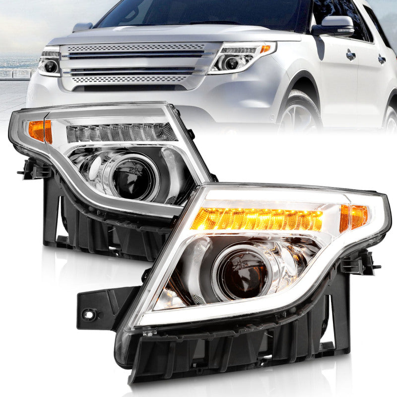 ANZO 11-15 Ford Explorer Projector Headlights with chrome housing and integrated light bar, showcasing modern design and superior illumination.