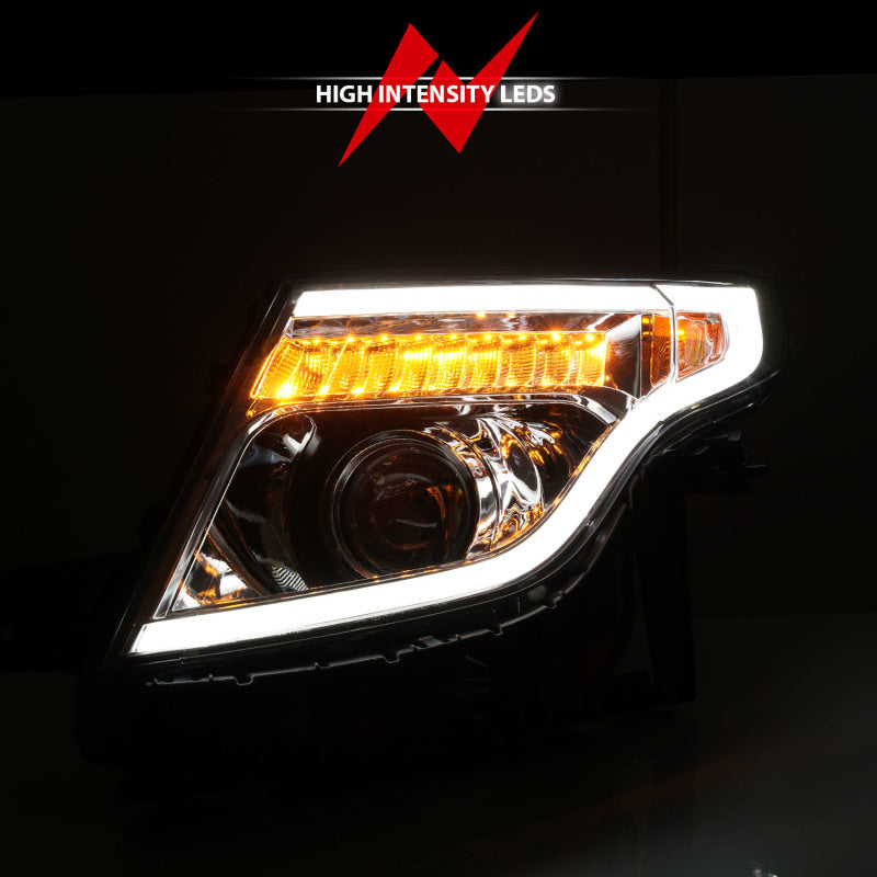 ANZO 11-15 Ford Explorer Projector Headlights with chrome housing and integrated light bar, showcasing modern design and superior illumination.