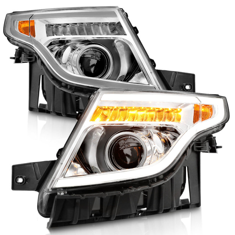 ANZO 11-15 Ford Explorer Projector Headlights with chrome housing and integrated light bar, showcasing modern design and superior illumination.