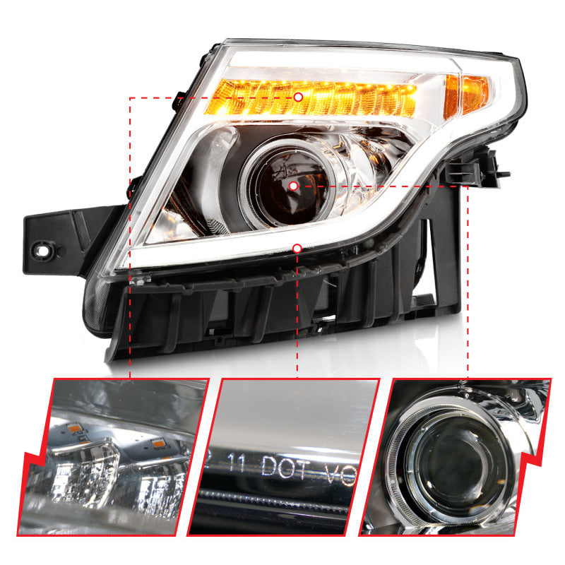 ANZO 11-15 Ford Explorer Projector Headlights with chrome housing and integrated light bar, showcasing modern design and superior illumination.