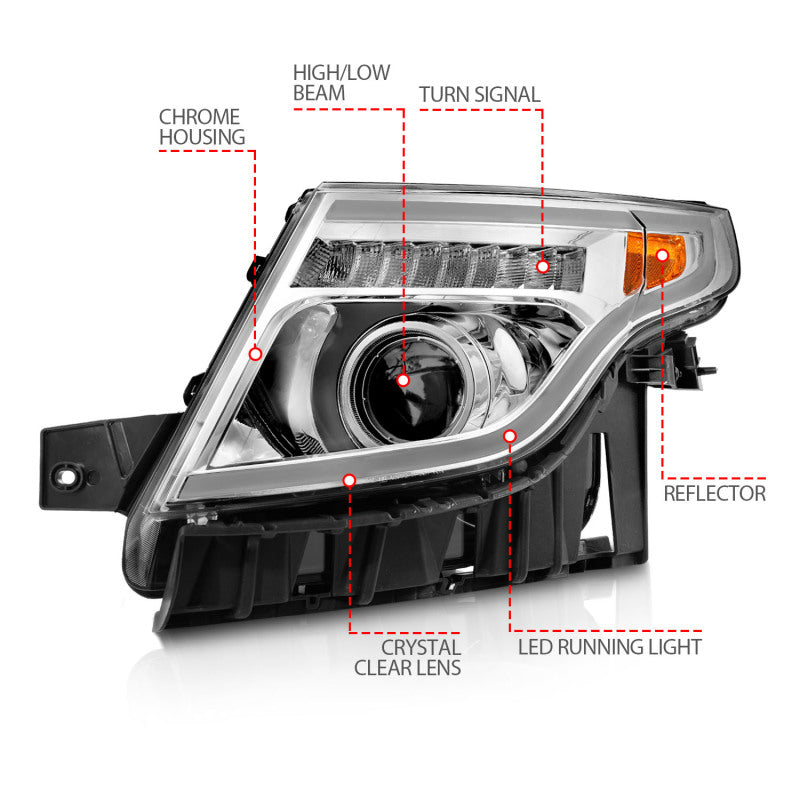 ANZO 11-15 Ford Explorer Projector Headlights with chrome housing and integrated light bar, showcasing modern design and superior illumination.