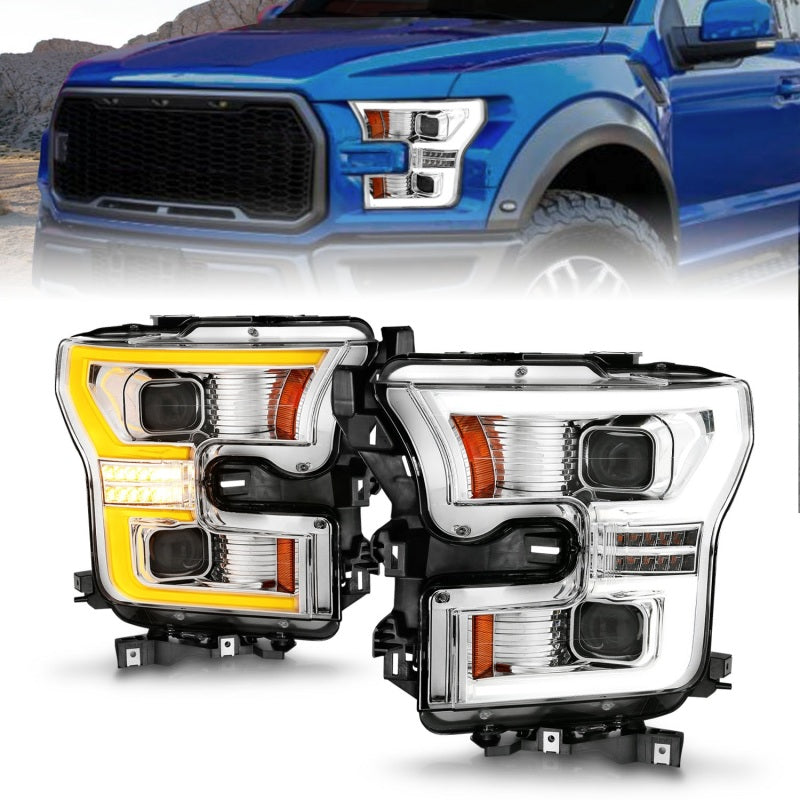 ANZO Chrome LED Projector Plank Style DRL for 2015-2017 Ford F-150, showcasing sleek design and advanced lighting technology.