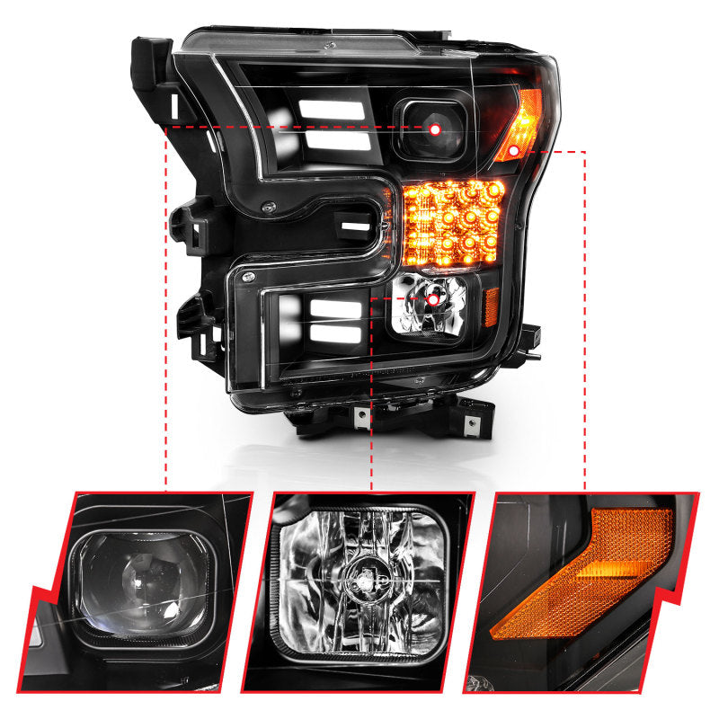 ANZO Project Headlights for 2015-2017 Ford F-150 in sleek black with plank style design, showcasing modern automotive lighting.