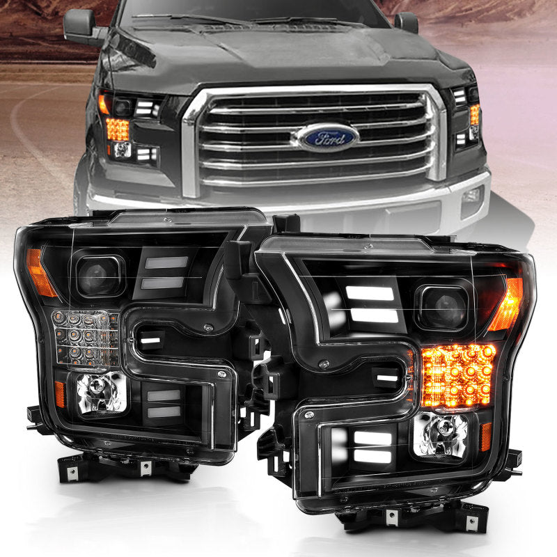 ANZO Project Headlights for 2015-2017 Ford F-150 in sleek black with plank style design, showcasing modern automotive lighting.