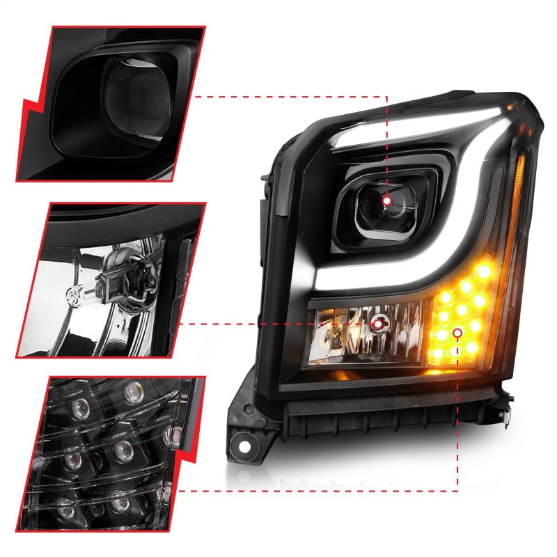 Anzo 15-17 GMC Yukon/Yukon XL projector headlights featuring black housing and clear lens for enhanced visibility.