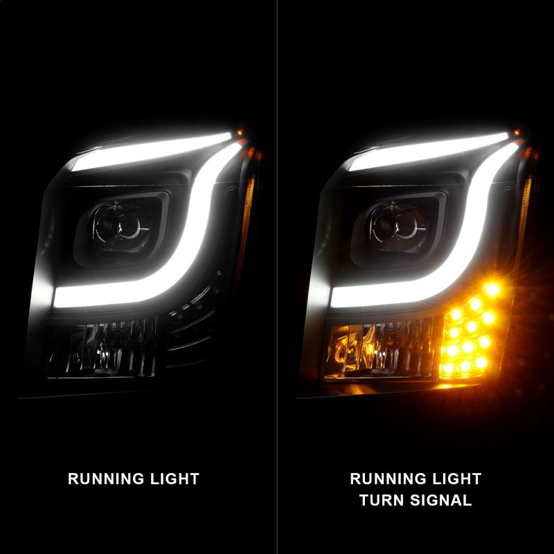 Anzo 15-17 GMC Yukon/Yukon XL projector headlights featuring black housing and clear lens for enhanced visibility.