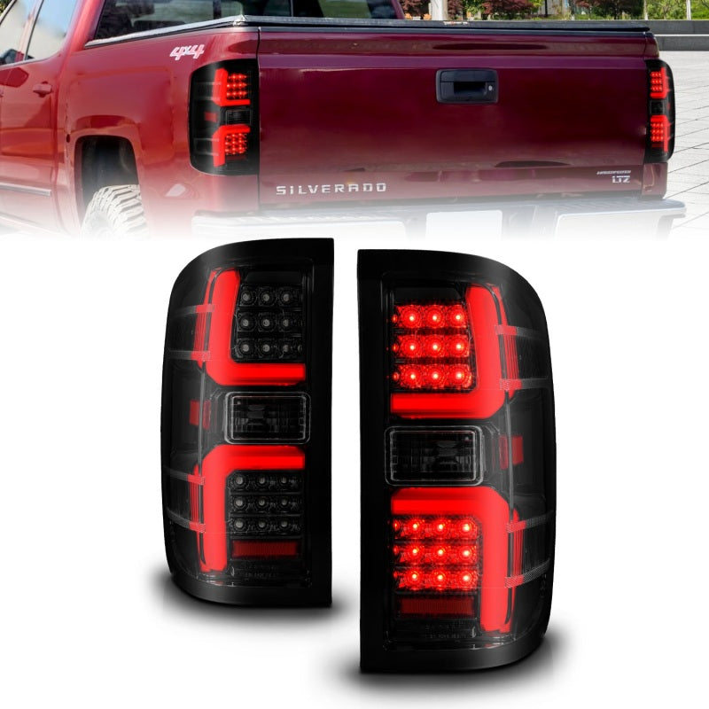 ANZO LED Taillight assembly for Chevrolet Silverado 2500 HD/3500 HD featuring clear lens and black housing.