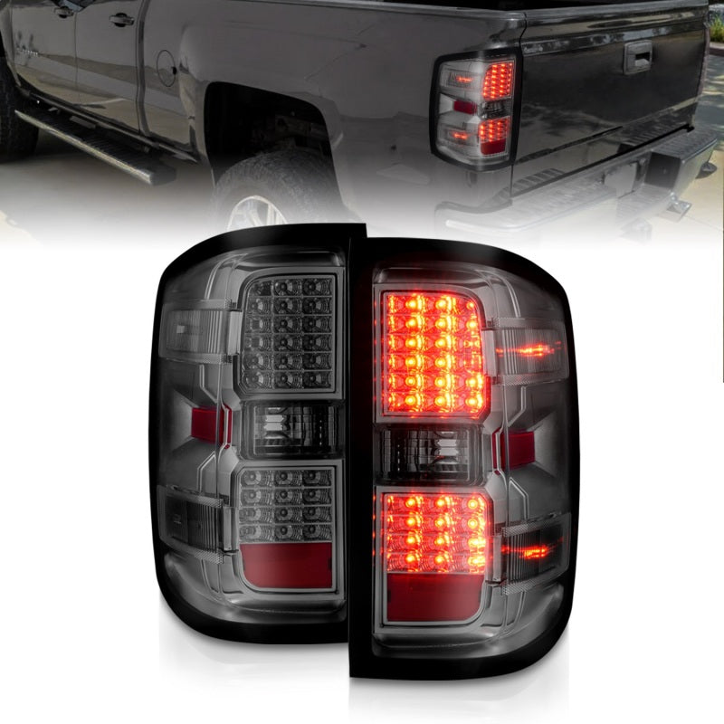 ANZO LED tail lights for 2015-2019 Chevy Silverado 2500HD/3500HD, showcasing modern design and bright LED technology.