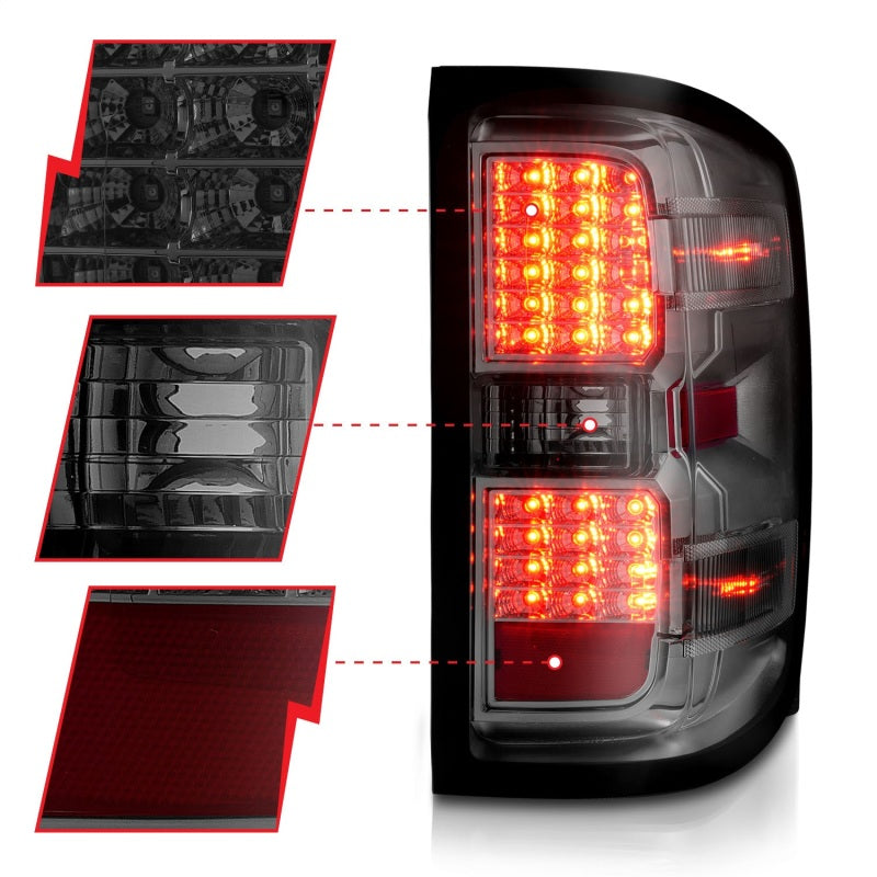 ANZO LED tail lights for 2015-2019 Chevy Silverado 2500HD/3500HD, showcasing modern design and bright LED technology.