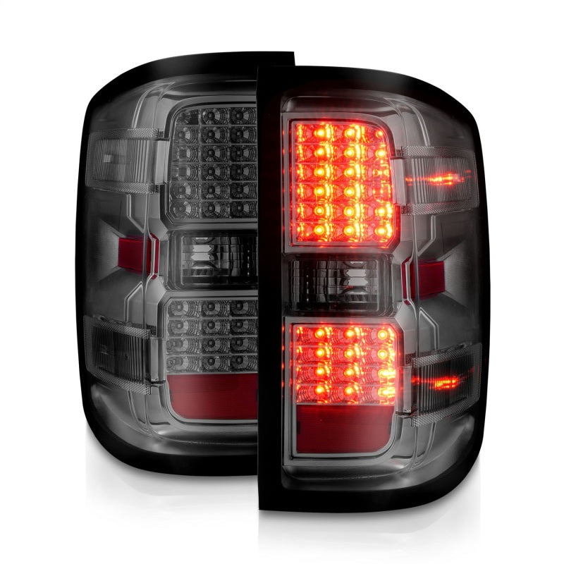 ANZO LED tail lights for 2015-2019 Chevy Silverado 2500HD/3500HD, showcasing modern design and bright LED technology.