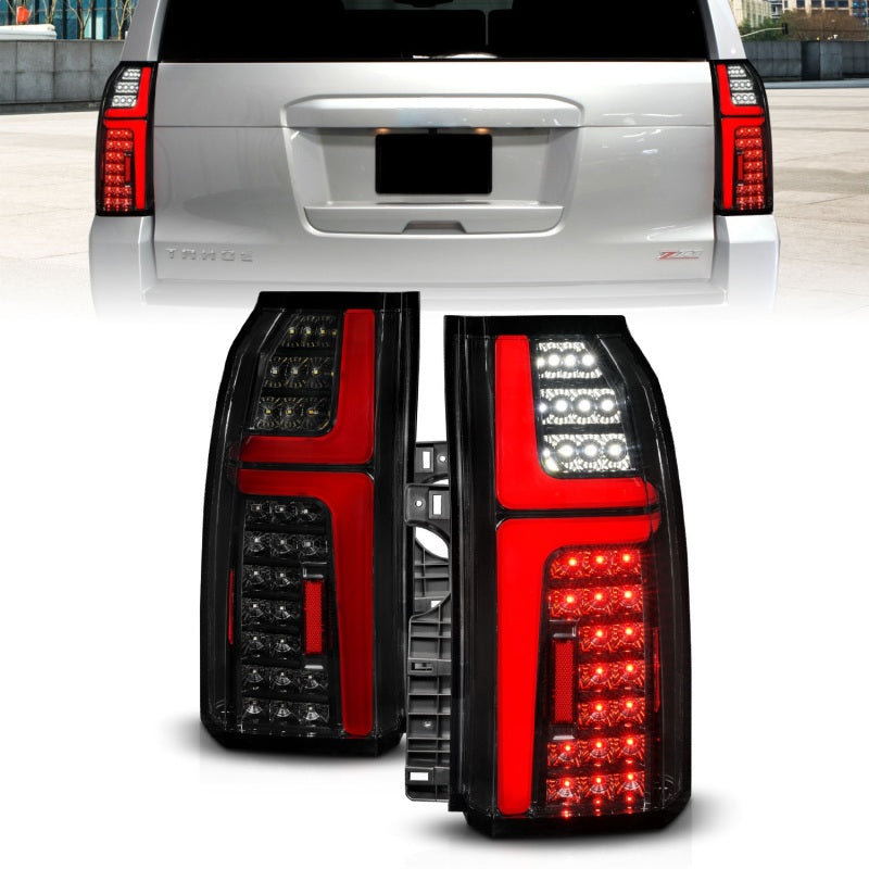 ANZO Sequential LED Tube Taillights in Black for 2015-2020 Chevrolet Tahoe, showcasing modern design and enhanced visibility.